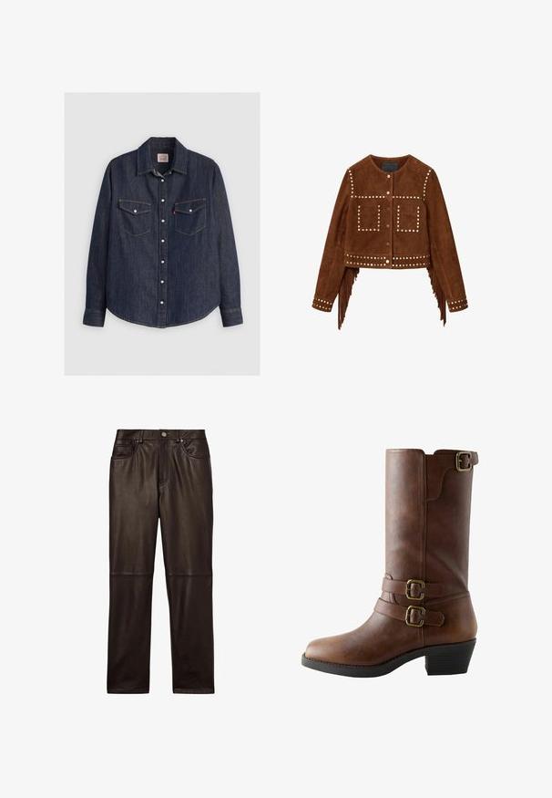 Braune, kurz geschnittene Wildlederjacke mit metallischen Nieten, vorderen Druckknöpfen, zwei quadratischen Brusttaschen und Fransen entlang der Seitennaht und Ärmelbündchen.; Dunkelblaues Denim-Hemd mit langen Ärmeln, knöpfbarem Frontverschluss, zwei Brusttaschen mit Klappen und kontrastierendem gelben Stich.; Reiss Lederhose - chocolate; Brauner Lederstiefel bis zur Mitte der Wade mit zwei verstellbaren Riemen und Messingschnallen, schwarzem gestapeltem Absatz und abgerundeter Spitze.