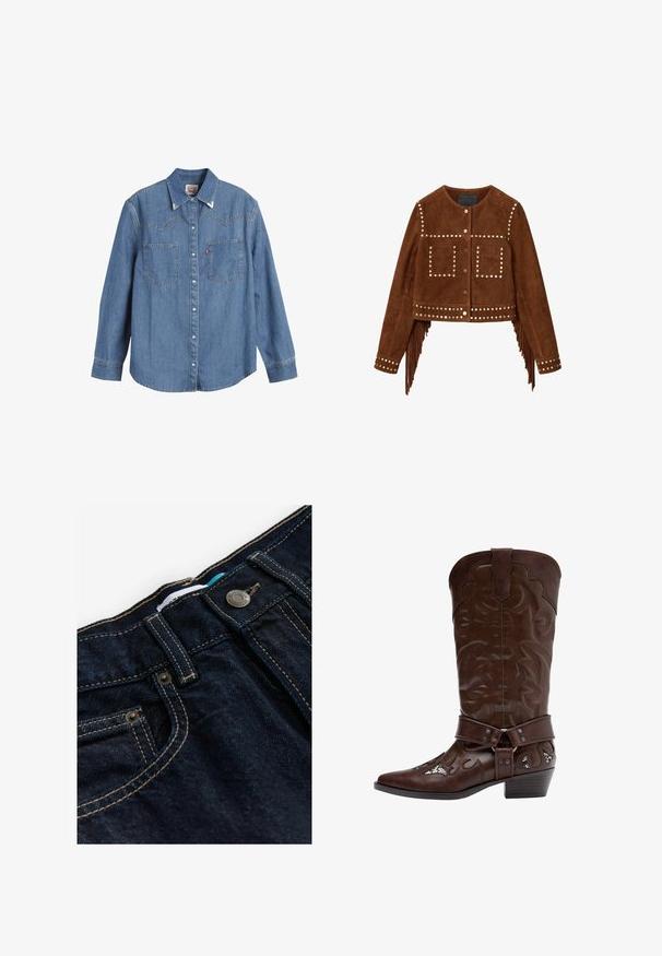 Braune, kurz geschnittene Wildlederjacke mit metallischen Nieten, vorderen Druckknöpfen, zwei quadratischen Brusttaschen und Fransen entlang der Seitennaht und Ärmelbündchen.; Hellblaues Denim-Hemd mit langen Ärmeln, spitzem Kragen, zwei Brusttaschen und kontrastierenden Nähten. Verfügt über ein Design mit Westernstil-Yoke.; Dunkelblaue Jeans aus Denim mit regulärem Bund, kontrastierenden goldenen Nähten und einem Metallknopf. Verfügt über eine kleine Vordertasche und ein Etikett.; Brauner Leder-Cowboystiefel mit dekorativen Nähten, Geschirrriemen und niedrigem, geschichtetem Absatz, seitlich auf weißem Hintergrund dargestellt.