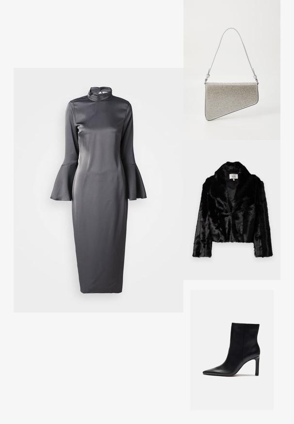 Chaqueta corta de piel sintética negra con solapas anchas, textura suave y mangas largas. Forro interior de tela suave, etiqueta de la marca visible.; Vestido midi de satén gris con cuello alto, mangas largas de campana y un diseño ajustado, que presenta una textura suave y un estilo minimalista.; Zign Botines de tacón - black; Bolso de mano con forma triangular, cubierto con tela de malla plateada. Presenta una correa delgada y ajustable y acentos de hardware metálico.