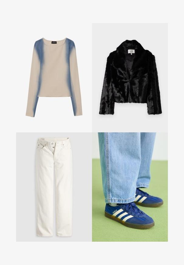 Sort faux fur cropped jakke med bred revers, blød tekstur og lange ærmer. Indvendigt foret med glat stof, mærke synligt.; Langærmet top i lys beige med et gradient blå design. Glat tekstur med rund halsudskæring og lige kant.; Hvide jeans med høj talje, lige ben, knaplukning, lommer foran og bagpå samt synlige kobbernitter i lommekanterne.; Blå ruskindsneakers med hvide striber og teksturerede mønstre, båret med lyseblå denimbukser, sat mod en grøn baggrund.