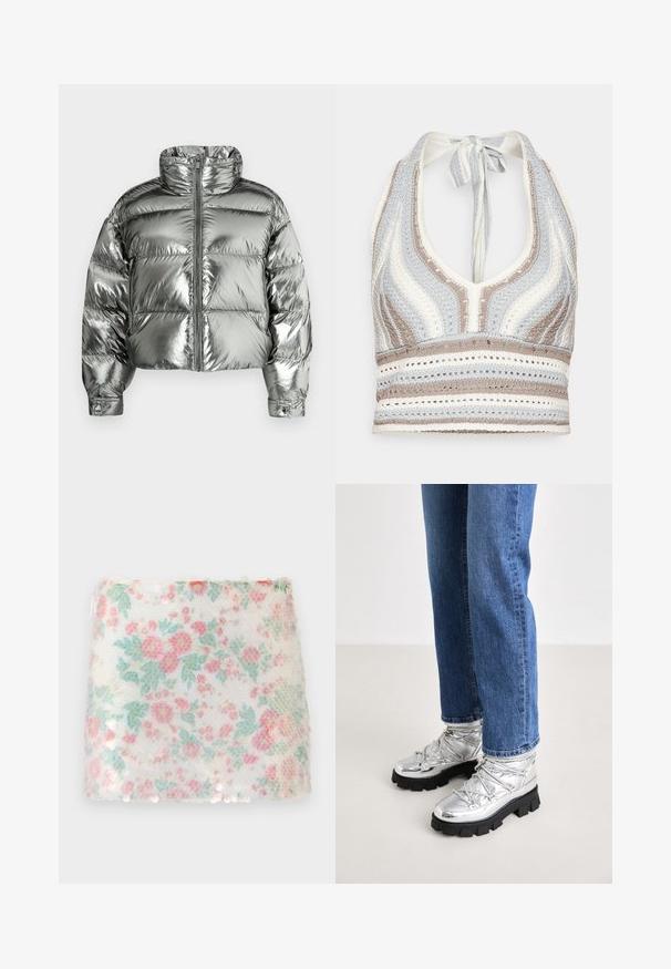 Veste matelassée argentée avec col montant, design rembourré, finition métallique, fermeture éclair frontale et poignets élastiques. Longueur courte, texture lisse.; Haut halter en crochet avec des rayures bleu clair, beige et blanc, doté d'un décolleté en V profond et d'un lien dans le dos. Texture en torsion ouverte sur l'ensemble.; Tissu blanc à motif floral avec des fleurs pastel roses et vertes, présentant une surface texturée et de légers sequins le long du bord inférieur.; Bottines argentées métalliques avec une semelle noire robuste, présentant un dessus rembourré et des lacets, associées à un jean droit bleu.