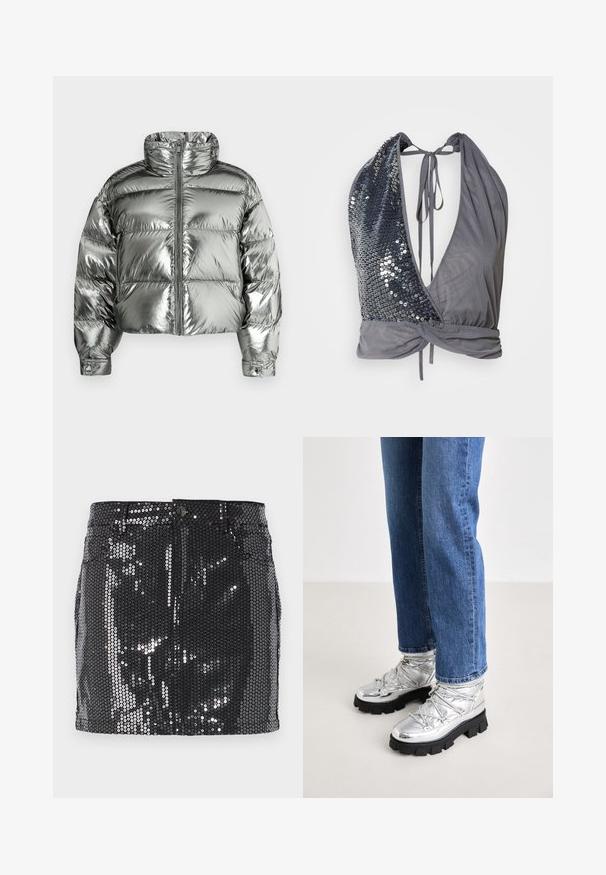 Veste matelassée argentée avec col montant, design rembourré, finition métallique, fermeture éclair frontale et poignets élastiques. Longueur courte, texture lisse.; Top à col halter en tissu gris avec un décolleté en V profond. Un côté présente des sequins noirs, tandis que l'autre est lisse avec un détail noué dans le dos.; Mini-jupe en sequins noirs avec un design ajusté, fermeture à bouton et une texture brillante qui reflète la lumière. Ourlet droit et poches fonctionnelles.; Bottines argentées métalliques avec une semelle noire robuste, présentant un dessus rembourré et des lacets, associées à un jean droit bleu.