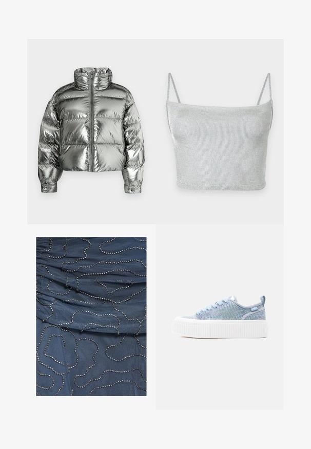 Veste matelassée argentée avec col montant, design rembourré, finition métallique, fermeture éclair frontale et poignets élastiques. Longueur courte, texture lisse.; Crop top court en maille métallique argentée avec fines bretelles ajustables. Coupe ajustée et texture lisse. Aucun motif ni détail métallique visible.; Tissu bleu à texture plissée décoré de lignes perlées argentées irrégulières créant des motifs abstraits en boucles sur la surface.; Baskets compensées bleu clair avec ornements en cristal, semelle blanche épaisse côtelée, lacets en tissu et languette de tirage au talon.