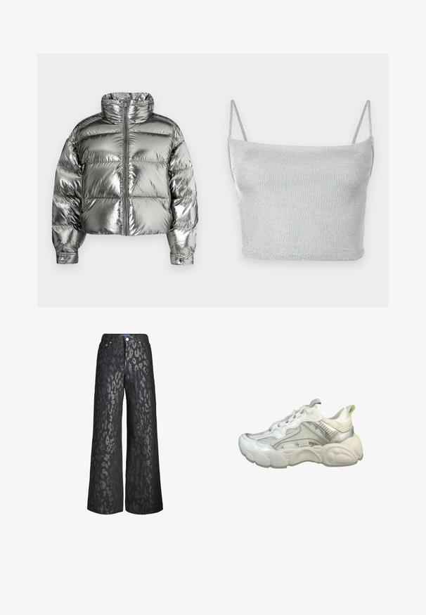 Silberne Steppjacke mit hohem Kragen, wattiertem Design, metallischem Finish, Reißverschluss vorne und elastischen Bündchen. Kurz geschnittene Länge, glatte Textur.; Silbernes, metallisch glänzendes, gestricktes Crop-Top mit dünnen, verstellbaren Trägern. Enganliegendes Design und glatte Textur. Keine Muster oder sichtbare Verzierungen.; Schwarze weit geschnittene Hose mit einem Tiermuster in verschiedenen Grautönen. Aus Denim gefertigt, mit fünf Taschen und einem vorderen Knopfverschluss.; Klobige weiße Sportschuhe mit metallischen silbernen Akzenten, einer Mischung aus strukturierten Materialien und einer gepolsterten Sohle mit auffälligem Design.