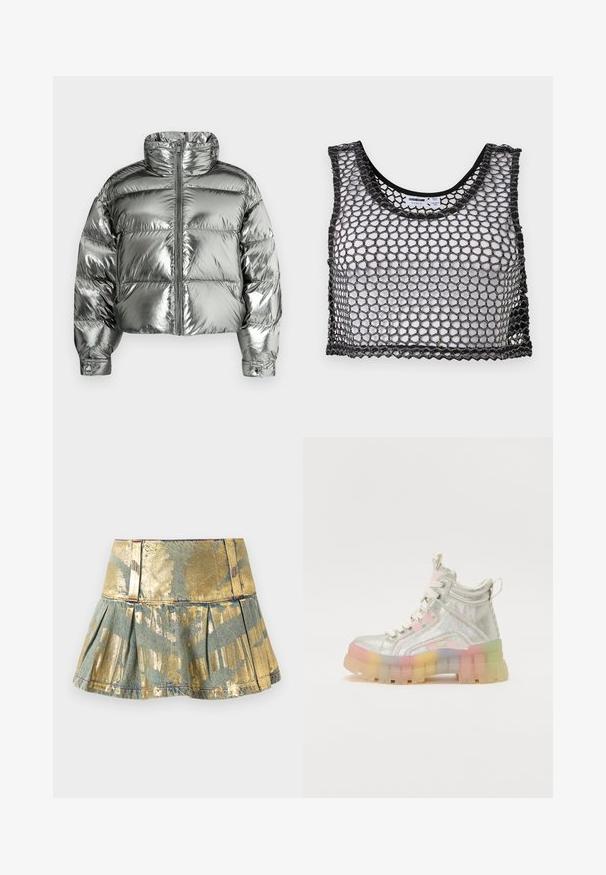 Zilveren donsjack met hoge kraag, gewatteerd ontwerp, metallic afwerking, ritssluiting aan de voorkant en elastische manchetten. Korte lengte, gladde textuur.; Zwarte mouwloze crop top met brede mesh-netstructuur en gegolfde randen, plat neergelegd met de voorkant en binnenlabels zichtbaar.; Gouden en teal geplooide spijkerrok met een glanzende afwerking, met een aansluitende tailleband en contrasterende stikseldetails.; Zilveren holografische high-top sneaker met roze accenten, voorzien van een chunky, doorzichtige regenboogzool en een gestructureerde stof. Veters en een trekkoord zijn inbegrepen.