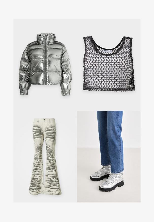 Silberne Steppjacke mit hohem Kragen, wattiertem Design, metallischem Finish, Reißverschluss vorne und elastischen Bündchen. Kurz geschnittene Länge, glatte Textur.; Schwarzes ärmelloses Crop-Top mit weitem Netzgewebe und gezackten Kanten, flach ausgebreitet mit Blick auf die Vorderseite und die inneren Etikett-Details.; Hellfarbene, ausgestellte Jeans mit strukturierten, schwarzen horizontalen Streifen und zerknitterten Details, ausgestattet mit vorderen Taschen und einem Metallknopfverschluss.; Metallicsilberne Knöchelstiefel mit einer robusten schwarzen Sohle, ausgestattet mit einem gepolsterten Oberteil und Schnürsenkeln, kombiniert mit blauen geraden Jeans.