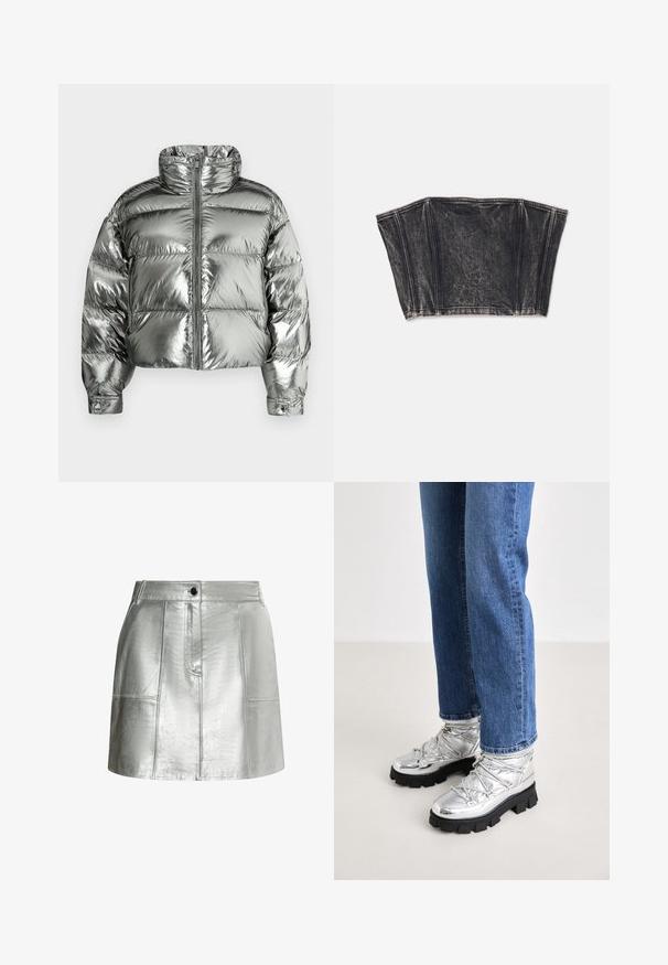 Sølvfarvet dunjakke med høj krave, polstret design, metallisk finish, lynlås foran og elastiske manchetter. Kort længde, glat tekstur.; Sort denim bustier med struktureret design, der har lodrette sømme og en tætsiddende, cropped form. Tekstureret overflade med subtil fading.; Metallic sølvskørt med en glat tekstur, tætsiddende talje og paneldetaljer. Har en frontknaplukning og rene linjer.; Metallic sølv ankelstøvler med en robust sort sål, der har en polstret overdel og snørebånd, kombineret med blå lige ben jeans.