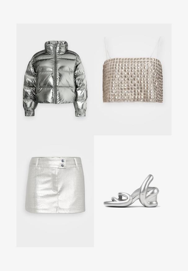 Zilveren donsjack met hoge kraag, gewatteerd ontwerp, metallic afwerking, ritssluiting aan de voorkant en elastische manchetten. Korte lengte, gladde textuur.; Metalen zilveren crop top met vierkante pailletten en dunne witte banden, rechthoekige vorm, gladde textuur en een gelijkmatig rasterpatroon.; Zilveren faux leren rok met een gestructureerd krokodillenpatroon, voorzien van twee blauwe knoopaccenten en een aansluitend ontwerp.; Zilveren hoge hak sandalen met een sculpturaal ontwerp, een gladde metallic afwerking en een unieke gedraaide banddetail aan de voorkant.