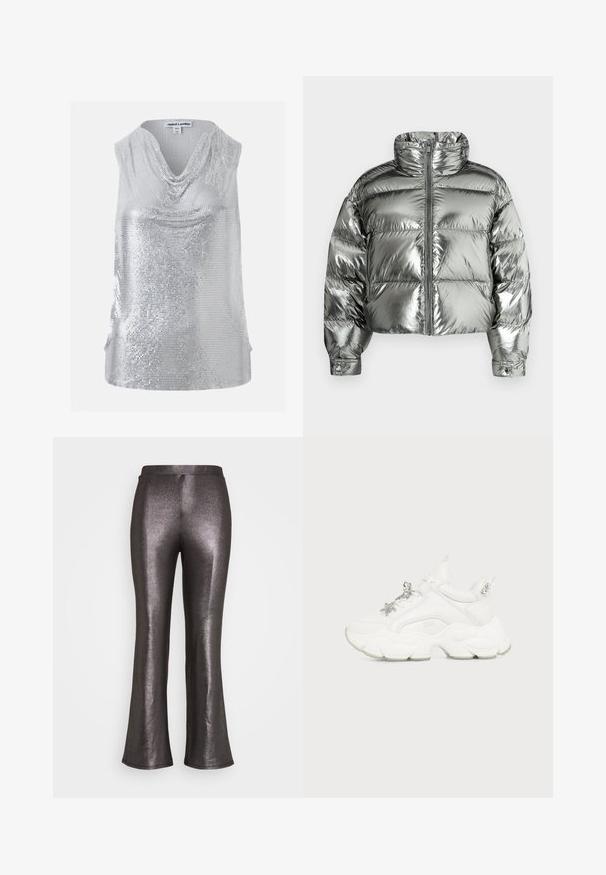 Veste matelassée argentée avec col montant, design rembourré, finition métallique, fermeture éclair frontale et poignets élastiques. Longueur courte, texture lisse.; Top sans manches argenté à sequins avec un col bénitier drapé, taille XS/S, marque Jaded London.; Even&Odd by Zalando Pantalon classique - black/silver; Baskets blanches épaisses avec une semelle texturée épaisse, des breloques argentées en forme d'étoile et de papillon sur les lacets, et des clous argentés sur la languette du talon.