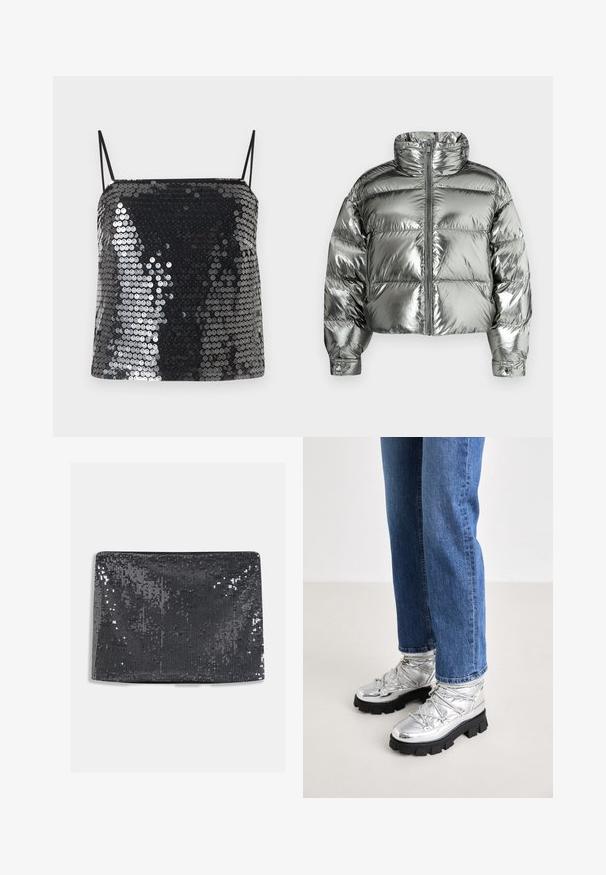 Veste matelassée argentée avec col montant, design rembourré, finition métallique, fermeture éclair frontale et poignets élastiques. Longueur courte, texture lisse.; Haut caraco noir à sequins avec fines bretelles spaghetti et encolure carrée.; Pochette noire en sequins de forme rectangulaire, présentant une texture lisse et des sequins réfléchissants couvrant la surface pour un éclat supplémentaire.; Bottines argentées métalliques avec une semelle noire robuste, présentant un dessus rembourré et des lacets, associées à un jean droit bleu.