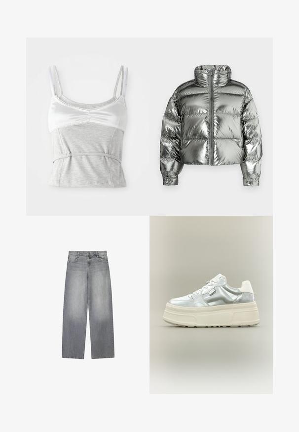 Veste matelassée argentée avec col montant, design rembourré, finition métallique, fermeture éclair frontale et poignets élastiques. Longueur courte, texture lisse.; Camisole gris et blanc avec des bretelles réglables, présentant une section supérieur en satin et une section inférieure en coton texturé gris, cintrée à la taille.; Jean en denim gris à jambes larges avec une finition légèrement décolorée, doté de cinq poches, d'une fermeture à bouton à l'avant et de passants de ceinture.; Baskets à plateforme épaisses avec dessus argent métallisé, lacets blancs et semelle épaisse texturée crème, présentées en profil sur fond neutre.