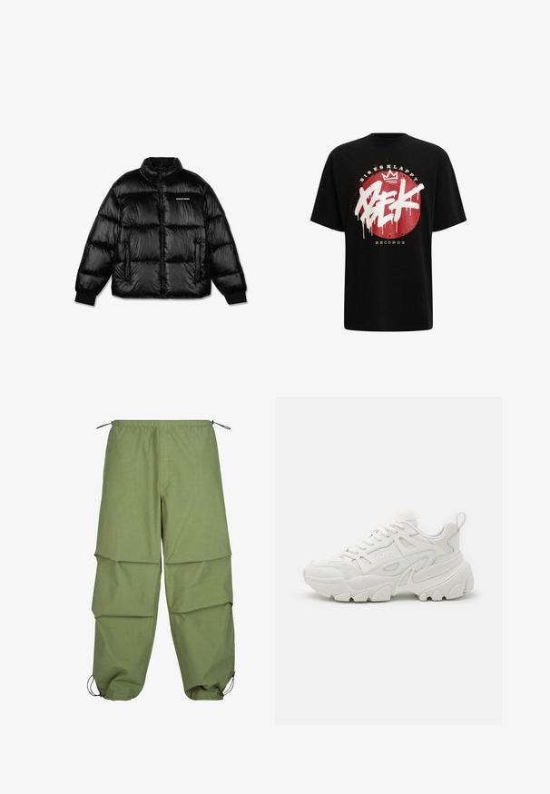 Chaqueta acolchada negra y brillante con cremallera frontal, dos bolsillos con cremallera, puños acanalados y pequeño logo blanco "PEGADOR" en el pecho izquierdo.; Camiseta de algodón negra con un gráfico circular rojo que presenta un texto estilo graffiti en blanco y un diseño de corona, etiquetado como "Bisesklappt Records."; Pantalones cargo ligeros de color verde oliva, con cintura elástica, diseño en capas y puños ajustables con cordón. Fabricados con una tela lisa y duradera.; Zapatillas deportivas blancas con un upper texturizado, paneles de malla, suela de goma prominente y recortes decorativos en los laterales.