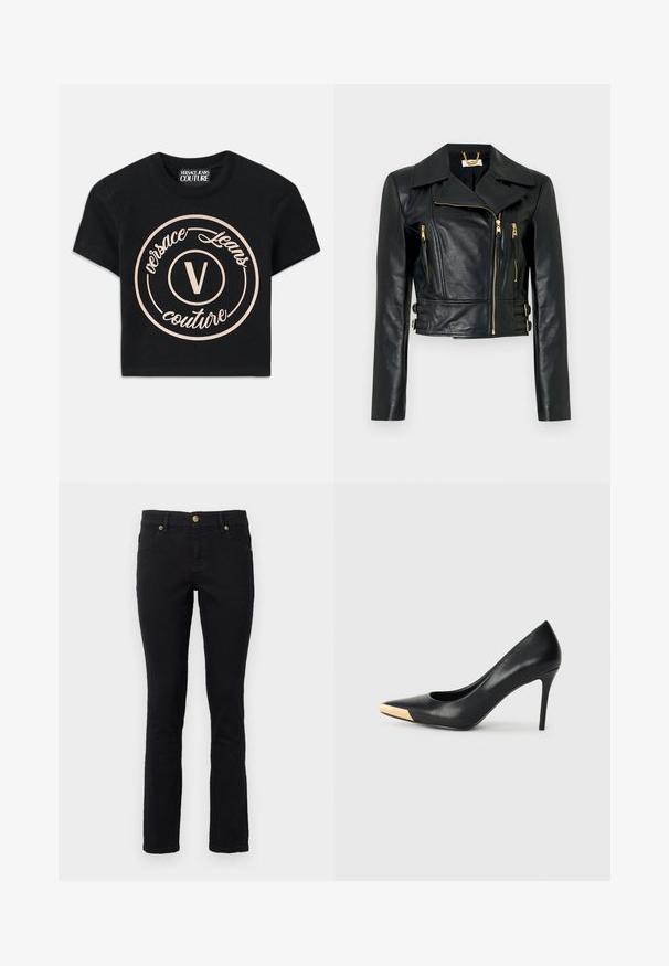 Chaqueta de motorista de cuero negro con cremalleras doradas, cierre frontal asimétrico, solapas anchas y detalles de hebillas en el dobladillo recortado.; Camiseta de algodón negra con un gran logo circular beige que presenta "Versace Jeans Couture" y una "V" central en una fuente elegante. Con mangas cortas.; Jeans de mezclilla negros con corte recto, diseño de cinco bolsillos, cierre de botón y acentos de hardware en tono dorado. Textura suave con un detalle mínimo.; Zapato de tacón alto de cuero negro con puntera afilada; presenta un detalle metálico dorado en la tapa del tacón. Superficie lisa con un diseño elegante.