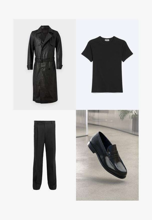 AllSaints NEO - Trench - black; T-shirt noir uni à manches courtes et col rond avec une étiquette de la marque Weekday à l’intérieur du col, présenté sur fond blanc.; Pantalons noirs au design droit, avec des plis, une fermeture à un bouton et des passants de ceinture. Fabriqués en tissu lisse.; Mocassins en cuir noir à finition lisse, bout arrondi, coutures décoratives et semelle extérieure légèrement surélevée.