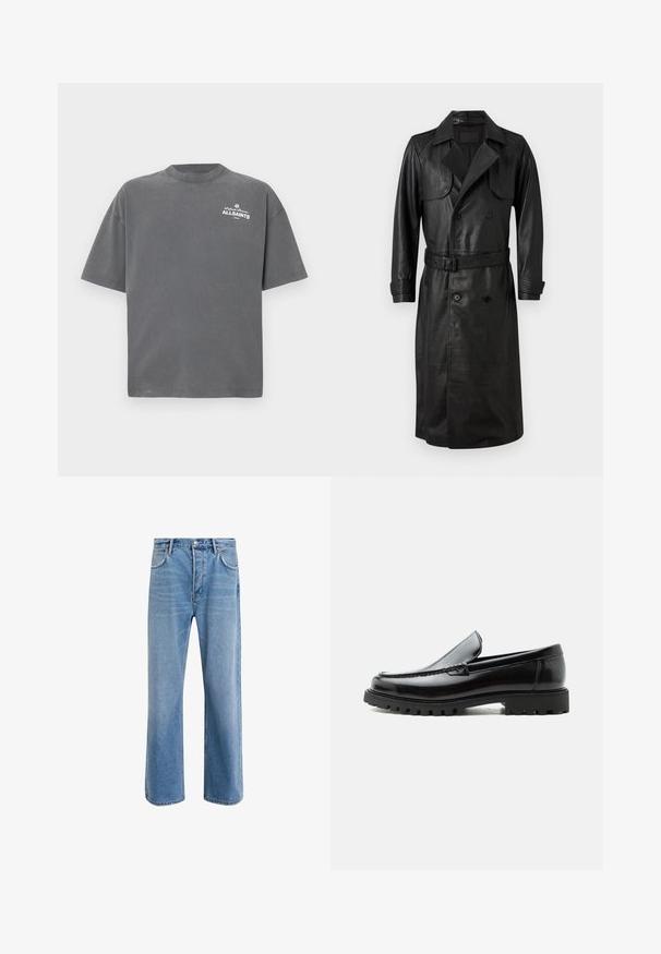 AllSaints NEO - Trenchcoat - black; Mørkegrå T-shirt med korte ærmer og rund hals med lille hvid "ALLSAINTS"-logo på øverste venstre bryst.; Lyseblå denim jeans med lige ben-design, fem lommer, knaplukning, minimal falming og kontraststingdetaljer.; Sort læderloafer med chunky gummisål, syet overdel og præget mærkenavn på hælen, vist i sideprofil på hvid baggrund.