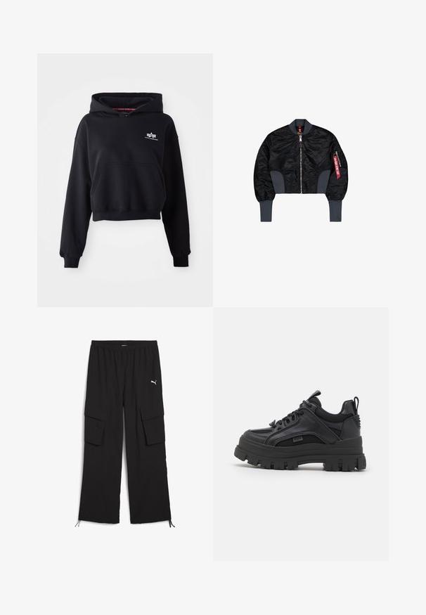 Kort sort bomberjakke med quiltet stof, lynlås-lukning, ribbede manchetter og en sidelomme med et rødt mærke.; Sort cropped hoodie lavet af blødt stof, med en forlommer, snoretræk i hætten og et lille hvidt logo på brystet.; Svarte cargo-bukser med bred ben-design, elastisk talje, to sidelommer og snoretræk ved kanten. Har et lille hvidt logo.; Sorte sneakers med en kraftig sål, der har en blanding af læder og mesh, rund tå og teksturerede detaljer. Snørebåndsdesign og strop bagpå.