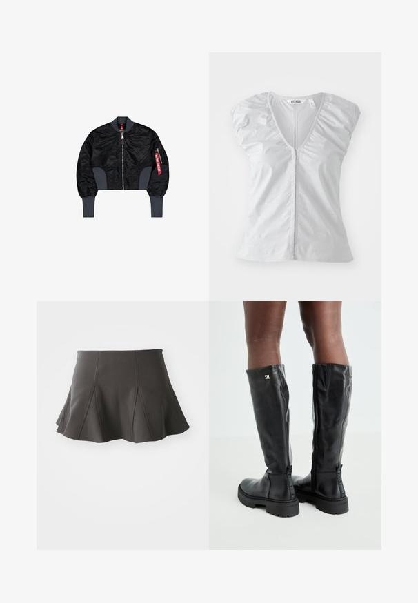 Korte zwarte bomberjack van geborduurd materiaal, met ritsluiting, geribde manchetten en een zijvak met een rode labeldetail.; Lichtgrijze blouse met korte mouwen en een diepe V-hals. Heeft gathered schouderdetails en een rechte zoom, gemaakt van zachte, gladde stof.; Zwarte uitlopende rok met een getailleerde taille, voorzien van verticale naden en een gladde textuur. De zoom is licht gebogen en komt net boven de dijen.; Zwarte leren kniehoge laarzen met een gladde textuur, ronde neus, stevige zool en ritssluiting. Voorzien van een zilveren logo aan de zijkant.