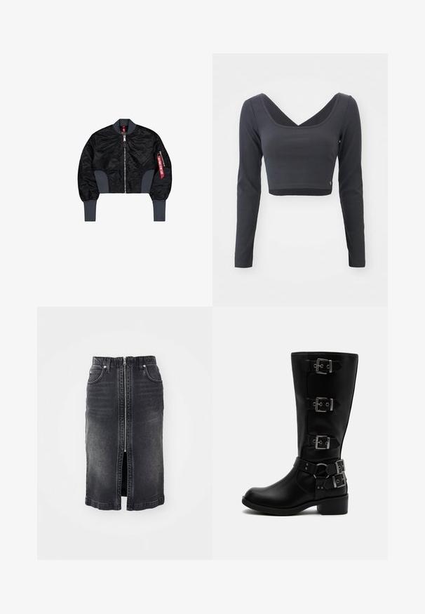 Korte zwarte bomberjack van geborduurd materiaal, met ritsluiting, geribde manchetten en een zijvak met een rode labeldetail.; Langermige, cropped top van donkergrijze ribstof. Kenmerkt zich door een diepe V-halslijn en een effen kleur met een klein logo aan de zoom.; Zwarte denim rok met een ritssluiting aan de voorkant, twee zijzakken, een middelmatig lange snit en subtiele vervaging. Heeft een rechte snit en afgewerkte randen.; Zwarte leren laars tot halverwege de kuit met vier verstelbare metalen gespen en een lage blokhak op een witte achtergrond.