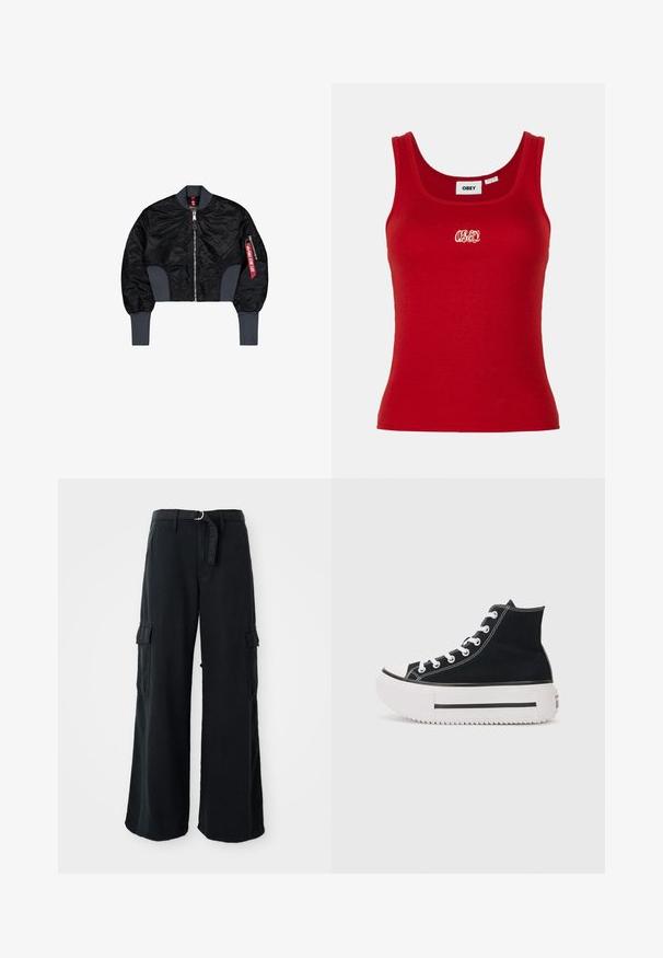 Veste bomber noire cropped en tissu matelassé, fermeture éclair, poignets côtelés et une poche latérale avec un détail d'étiquette rouge.; Débardeur rouge à côtes avec un col rond et des bretelles larges, arborant un logo "OBEY" brodé en blanc au centre devant.; Pantalons cargo larges noirs en coton avec ceinture à nouer, dotés de deux poches latérales et d'une texture de tissu lisse.; Baskets montantes noires en toile, avec des coutures blanches, un embout en caoutchouc, une semelle plateforme épaisse blanche et des détails en bande noire.