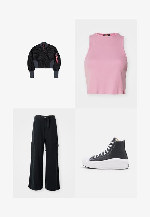 Gekürzte schwarze Bomberjacke aus gesteppter Stoff, mit Reißverschluss, gerippten Bündchen und einer Seitentasche mit rotem Etikettendetail.; Rosa gerippter Cropped-Top mit rundem Halsausschnitt und ärmellosem Design. Besitzt einen Saum, der knapp über der Taille endet.; Schwarze, weit geschnittene Cargo-Hosen aus Baumwolle mit einem Bindegürtel, ausgestattet mit zwei Seitentaschen und einer glatten Stoffstruktur.; Schwarzer High-Top Sneaker mit weißen Schnürsenkeln und Gummisohle. Verfügt über eine glatte Ledertextur und weiße Nähte als Akzente.