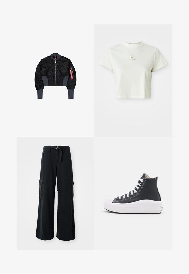 Gekürzte schwarze Bomberjacke aus gesteppter Stoff, mit Reißverschluss, gerippten Bündchen und einer Seitentasche mit rotem Etikettendetail.; Kurzes weißes cropped T-Shirt mit einem kleinen beigen Nike ACG Logo, das zentriert unter dem Ausschnitt platziert ist.; Schwarze, weit geschnittene Cargo-Hosen aus Baumwolle mit einem Bindegürtel, ausgestattet mit zwei Seitentaschen und einer glatten Stoffstruktur.; Schwarzer High-Top Sneaker mit weißen Schnürsenkeln und Gummisohle. Verfügt über eine glatte Ledertextur und weiße Nähte als Akzente.