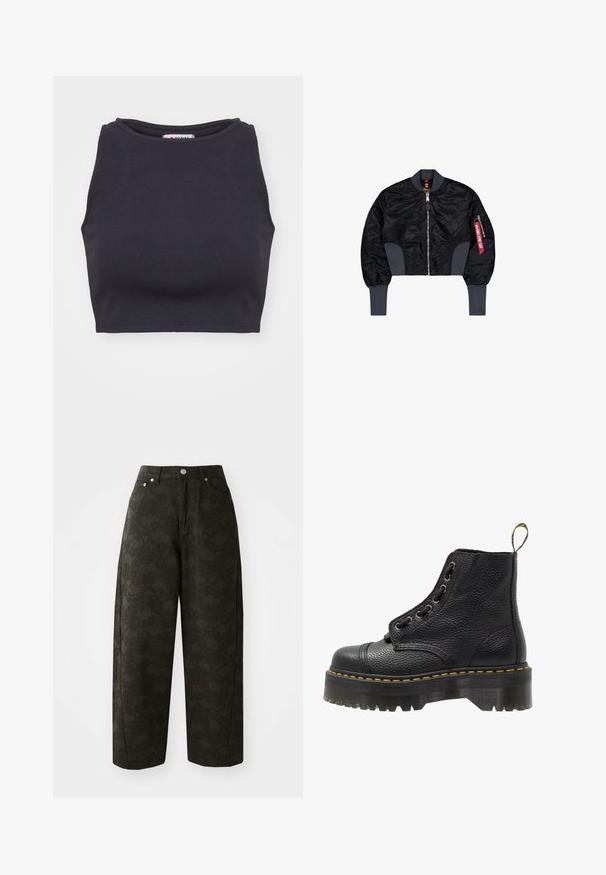 Korte zwarte bomberjack van geborduurd materiaal, met ritsluiting, geribde manchetten en een zijvak met een rode labeldetail.; Zwarte geribbelde crop top met een ronde halslijn en zonder mouwen. Glad textuur, aansluitende pasvorm en minimalistische stijl.; Donkergroene wijde broek met een gestructureerd bloempatroon, vijf zakken en metalen knoopsluitingen in de taille.; Zwarte leren enkelboot met een gestructureerd oppervlak, ronde neus, vetersluiting, gele stiksels en een dikke, geribbelde zwarte plateauzool.