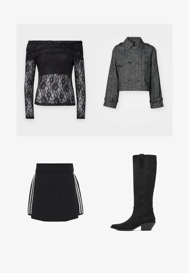 Afkortet dobbeltradet jakke i sort og grå herringbone-mønster, med store knapper, sidelommer og justerbare manchetter.; Sorte blonder top med lange ærmer og off-the-shoulder design. Har et blomstermønster, gennemsigtig tekstur og solid stofpanel ved taljen.; Sort nederdel med struktureret strikket liv, med hvide bølget trim-detaljer langs siderne og en udvidet form.; Sort ruskind knæhøj støvle med spids tå, lav stablet hæl og detalje med bageste løkke. Glat tekstur og elegant design.