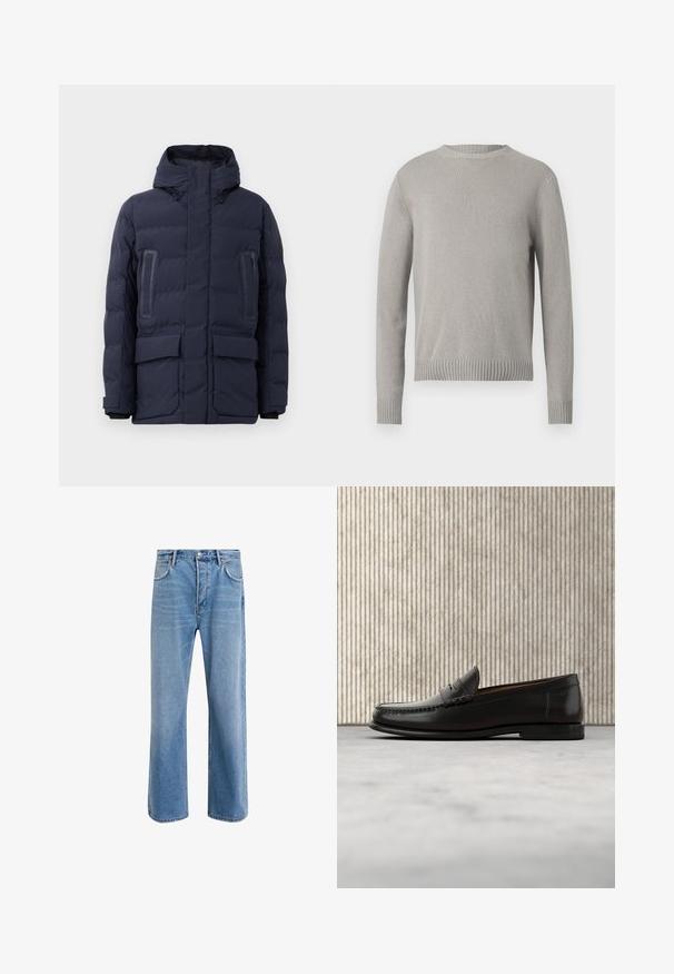 Marineblå pufferjakke med høj krave, justerbar hætte, to forlommer og kontrastpanelaccentuer på brystet.; Lys grå strikket sweater med rund halsudskæring, ribbede manchetter og kant. Har et struktureret stof i en ensfarvet farve uden mønstre.; Lyseblå denim jeans med lige ben-design, fem lommer, knaplukning, minimal falming og kontraststingdetaljer.; Sort læder penny loafer med lav hæl, rundet tå og syningsdetaljer langs fronten og siderne, vist på neutral baggrund.