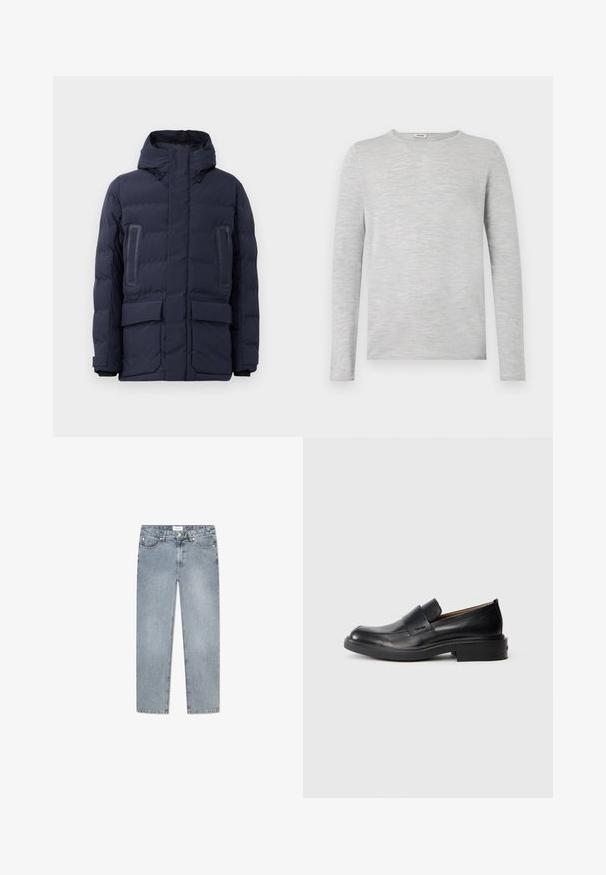 Marineblaue Pufferjacke mit hohem Kragen, verstellbarem Kapuze, zwei Fronttaschen und kontrastierenden Paneelakzenten auf der Brust.; Langärmliges graues Hemd aus weichem, strukturiertem Stoff mit rundem Ausschnitt und geradem Schnitt, ohne sichtbare Muster oder Akzente.; Hellblaue Jeans aus Denim mit geradem Schnitt, Fünf-Taschen-Design, Knopfverschluss, dezentem Verblassen und gestickten Details entlang der Taschen.; Schwarze Leder-Pantoletten mit niedrigem Absatz und dezentem Calvin Klein-Logo an der Seite, im Profil vor einem weißen Hintergrund dargestellt.