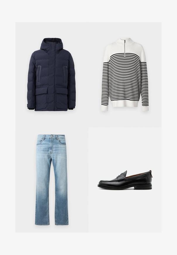 Marineblaue Pufferjacke mit hohem Kragen, verstellbarem Kapuze, zwei Fronttaschen und kontrastierenden Paneelakzenten auf der Brust.; Halb-Zip Pullover-Sweater in Weiß-Schwarz gestreift, mit geripptem Kragen, strukturiertem Strick und einfarbigen weißen Bündchen und Saum.; Helle blaue Jeans aus Denim mit geradem Bein, die an den Oberschenkeln Ausbleichungen aufweisen, zwei vordere Taschen und einen klassischen Knopfverschluss haben.; Schwarzer Leder-Herrenschuh mit Mokassinnaht, Penny-Riemen, strukturiertem Kragen und niedrigem gestapeltem Absatz auf weißem Hintergrund.