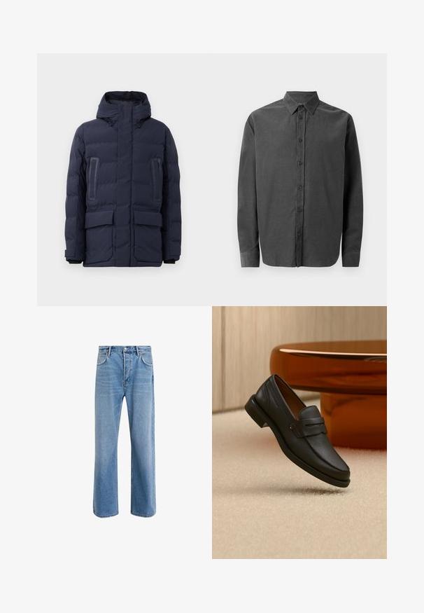 Navy pufferjack met een hoge kraag, verstelbare capuchon, twee voorzakken en contrasterende paneelaccenten op de borst.; Langarmsgem shirt in donkergrijs, gemaakt van gestructureerde stof. Voorzien van een knoopsluiting aan de voorkant, een puntige kraag en manchetten met één knoop.; Lichtblauwe denim jeans met een straight-leg ontwerp, vijf zakken, knoopsluiting, minimale vervaging en contrasterende stikseldetails.; Zwarte leren herensloffen met een band over de bovenkant, getoond op een beige tapijt vlakbij een bruine moderne ronde tafel.