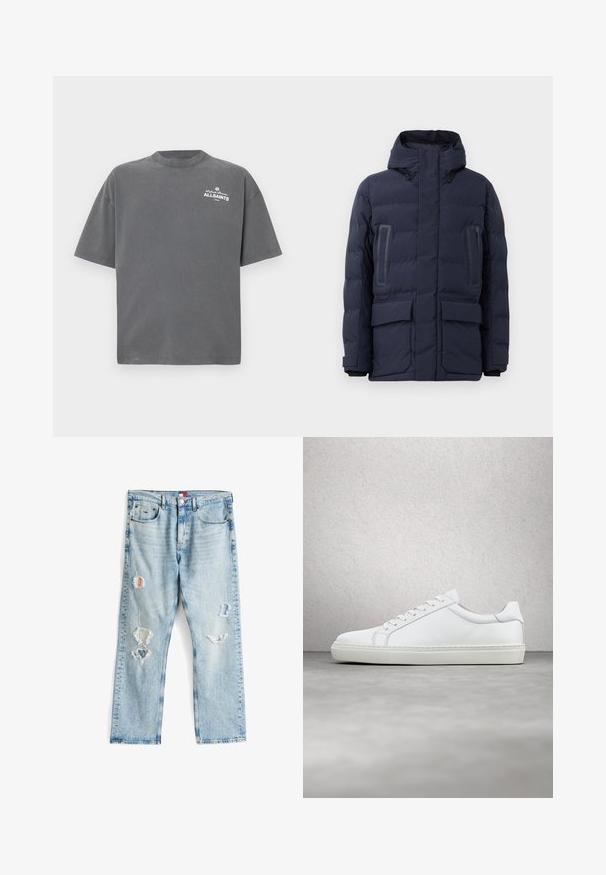 Navy pufferjack met een hoge kraag, verstelbare capuchon, twee voorzakken en contrasterende paneelaccenten op de borst.; Donkergrijs T-shirt met korte mouwen en ronde hals met klein wit "ALLSAINTS"-logo op de linker bovenborst.; Lichtblauwe denim jeans met versleten scheuren en patches. Rechte snit met zichtbare stiksels en een knoopsluiting aan de taille.; Witte sneaker met een gladlederen bovenwerk en een laag profiel. Voorzien van een ronde neus, zes vetergaatjes en een gestructureerde rubberen zool.