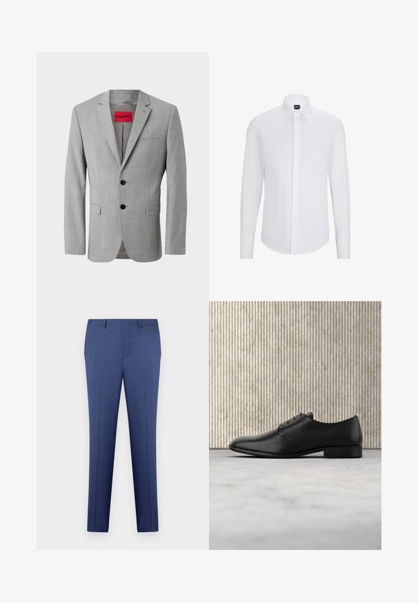 Blazer gris de tejido texturizado, con dos botones negros, un bolsillo en el pecho y una etiqueta interior roja con "HUGO".; Camisa blanca de manga larga con botones y cuello puntiagudo, hecha de tela suave, con tapeta frontal y dobladillo redondeado.; Pantalones de vestir para hombre en azul, ajustados, con trabillas para cinturón, cremallera en la parte delantera y detalles de plisado, exhibidos sobre un fondo blanco.; Zapato de vestir de cuero negro con un diseño elegante, punta redonda, cinco ojales para los cordones y un pequeño tacón elevado. Detalle de logo sutilmente embossado.