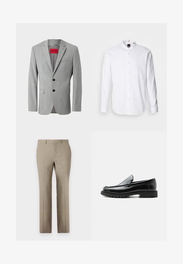 Grå blazer lavet af struktureret stof, med to sorte knapper, en enkelt brystlomme og en rød indvendig label med "HUGO."; Hvid langærmet skjorte med bandkrave, knaplukning fortil og rund kant. Lavet af bomuld, med en glat struktur og subtil glans.; Beige skræddersyede bukser med en glat tekstur, lige ben, subtilt ternet mønster og flad front. To baglommer inkluderet.; Sort læderloafer med chunky gummisål, syet overdel og præget mærkenavn på hælen, vist i sideprofil på hvid baggrund.