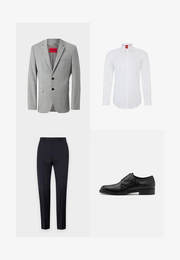 Blazer gris de tejido texturizado, con dos botones negros, un bolsillo en el pecho y una etiqueta interior roja con "HUGO".; Camisa blanca de manga larga con cuello, que presenta un cierre frontal de botones y un tejido suave y liso. Sin patrones ni acentos visibles.; Pantalones de traje en color navy, de tiro plano, corte slim, con trabillas para cinturón y bolsillos laterales. Tejido suave con un acabado nítido, sin patrones ni acentos visibles.; Zapato de vestir de cuero negro con doble hebilla, silueta elegante y punta redonda. Cuenta con un tacón bajo y una textura suave.