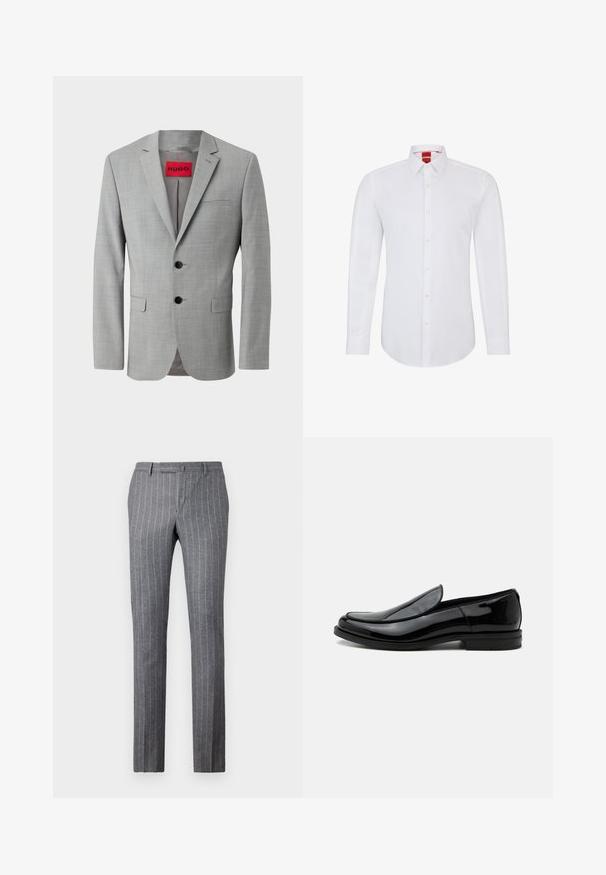 Grå blazer lavet af struktureret stof, med to sorte knapper, en enkelt brystlomme og en rød indvendig label med "HUGO."; Hvid langærmet skjorte med krave, der har en knappet front og blødt, glat stof. Ingen mønstre eller detaljer synlige.; Grå stribede bukser lavet af tekstureret stof, med et klassisk design, lige pasform og to forlommer.; Sort blankt læder slip-on selskabssko med lav hæl og rundet tå set fra siden på hvid baggrund.