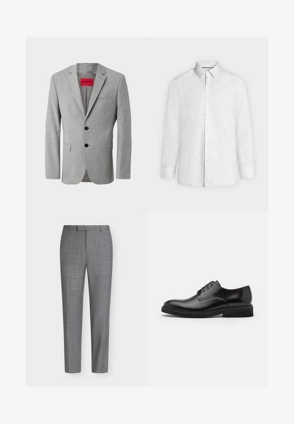 Grau blazer aus strukturiertem Material, mit zwei schwarzen Knöpfen, einer einzelnen Brusttasche und einem roten Innenetikett mit "HUGO."; Weißes Hemd mit langen Ärmeln, ausgestelltem Kragen und geknöpften Manschetten, frontal auf hellgrauem Hintergrund dargestellt.; Graue Slim-Fit-Hosen mit dezentem Karo-Muster, Gürtelschlaufen und flachem Vorderteil vor einem schlichten weißen Hintergrund.; Schwarze Lederhalbschuhe mit runder Zehenform, fünf Ösen für Schnürsenkel, glatter Oberfläche und einer flachen Gummisohle.