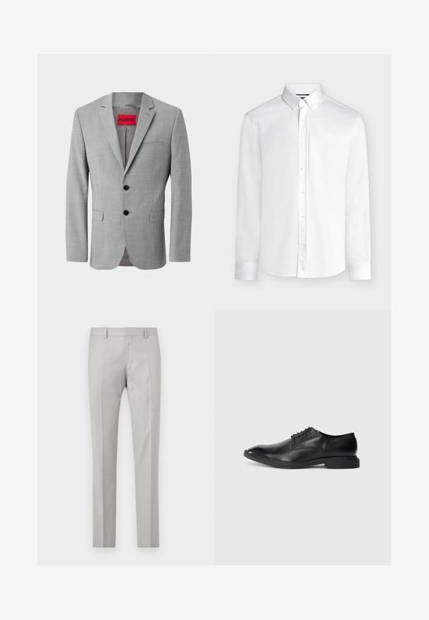 Blazer gris de tejido texturizado, con dos botones negros, un bolsillo en el pecho y una etiqueta interior roja con "HUGO".; Camisa blanca de manga larga con botones, cuello abotonado y puños estándar, mostrada sobre un fondo liso de color gris claro.; Pantalones ajustados de color gris claro con una textura suave, frente plano y dos bolsillos laterales. Presentan piernas rectas y detalles de pliegue sutiles.; Zapato de vestir negro de cuero con una textura suave, punta afilada, diseño de cordones con seis ojales y un tacón rectangular bajo. Detalle de marca sutil en el lateral.