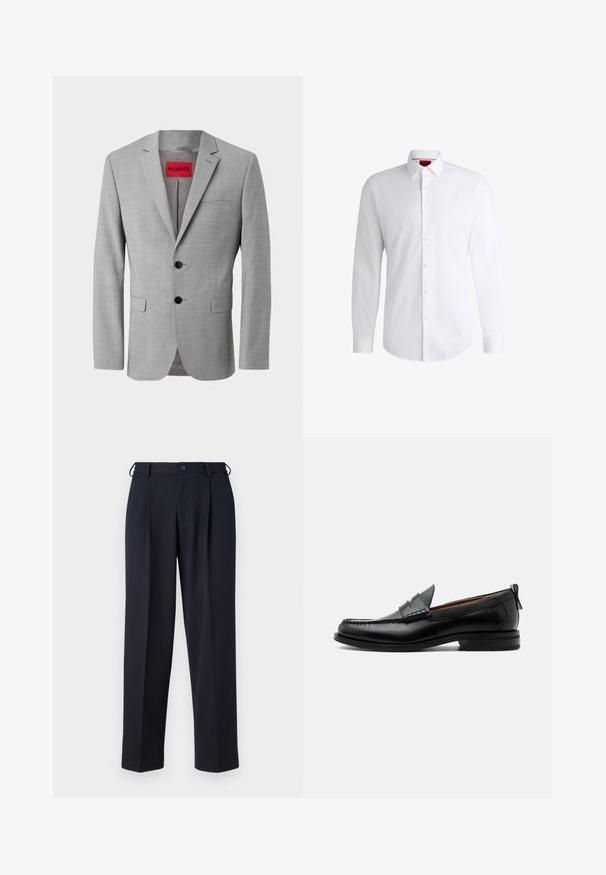 Grijze blazer van textiel met structuur, voorzien van twee zwarte knopen, een enkele borstzak en een rode binnenlabel met "HUGO."; Witte overhemden van soepel materiaal met een klassieke kraag, lange mouwen en een afgeronde zoom. Voorzien van beige knopen aan de voorkant.; Donkerblauwe op maat gemaakte broek met knoop- en ritsluiting aan de voorkant, riemlussen en zijzakken, getoond op een witte achtergrond.; Zwarte leren herensloffen met moc toe stiksel, pennyriem, gestructureerde kraag en lage gestapelde hak op witte achtergrond.