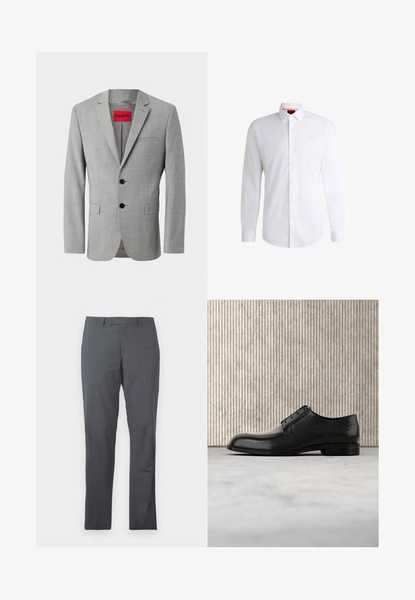 Grau blazer aus strukturiertem Material, mit zwei schwarzen Knöpfen, einer einzelnen Brusttasche und einem roten Innenetikett mit "HUGO."; Weißes Herrenhemd aus glattem Stoff mit klassischem Kragen, langen Ärmeln und abgerundetem Saum. Mit eleganten beigen Knöpfen an der Vorderseite.; Graue Anzughose aus glattem, strukturiertem Stoff. Slim-Fit-Design, flacher Vorderteil und keine sichtbaren Verzierungen oder Taschen.; Schwarze Leder-Dressschuhe mit einer runden Zehenpartie, glatter Oberfläche, minimalen Nähten und flacher Sohle mit dezentem Branding an der Ferse.