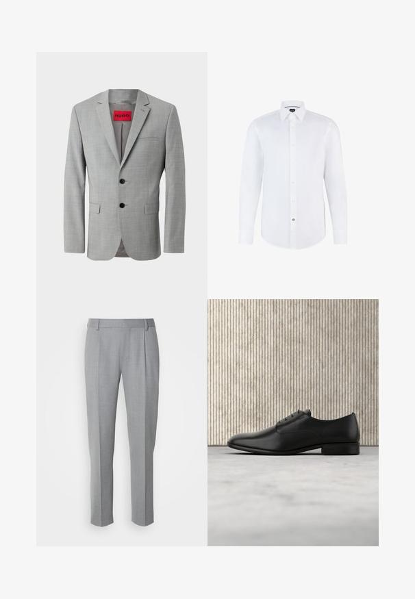 Grå blazer lavet af struktureret stof, med to sorte knapper, en enkelt brystlomme og en rød indvendig label med "HUGO."; Hvid langærmet skjorte lavet af glat stof med knaplukning foran, spidse kraver og buet kant. Bemærkelsesværdig knap med logo.; Grå skræddersyede bukser med en glat tekstur, som har en flad front, lige ben og diskrete folder for ekstra detalje.; Sorte læderdressko med et elegant design, rund tå, fem snøre-læseøjer og en lille hæl. Diskret prægede logo-detaljer.