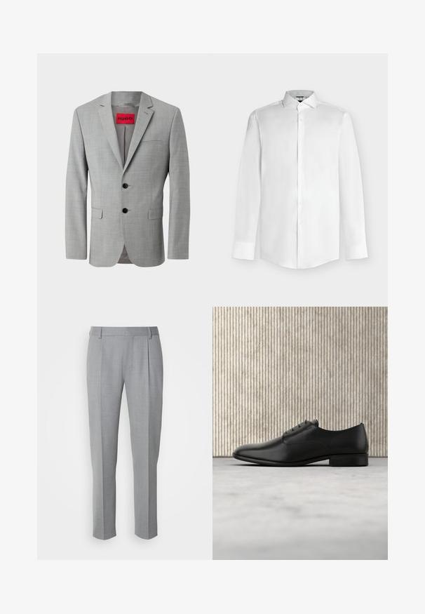 Grau blazer aus strukturiertem Material, mit zwei schwarzen Knöpfen, einer einzelnen Brusttasche und einem roten Innenetikett mit "HUGO."; Weißes Hemd mit langen Ärmeln, spitzem Kragen und Knopfleiste vorne auf hellem grauem Hintergrund.; Grau zugeschnittene Hosen mit glatter Textur, flachem Frontbereich, geraden Beinen und dezenten Falten für zusätzliche Details.; Schwarze Leder-Halbschuh mit schlankem Design, runder Zehenform, fünf Ösen für die Schnürsenkel und einem kleinen, erhöhten Absatz. Dezentes, geprägtes Logodetail.