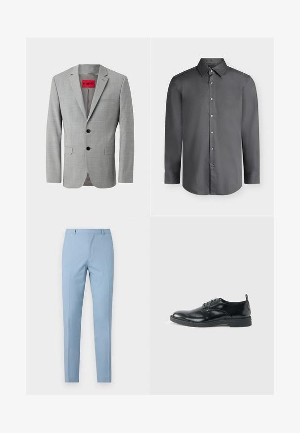 Blazer gris de tejido texturizado, con dos botones negros, un bolsillo en el pecho y una etiqueta interior roja con "HUGO".; Camisa de vestir para hombre de manga larga en gris oscuro con cuello puntiagudo y botones delanteros, mostrada sobre un fondo gris claro.; Pantalones azul claro a medida con un corte ajustado, textura suave, pliegue al frente, cintura ajustada y lazos para cinturón. Sin bolsillos visibles.; Zapato de vestir negro de cuero brillante con tacón bajo, cierre de cordones y puntera redonda, mostrado de lado sobre un fondo claro y liso.