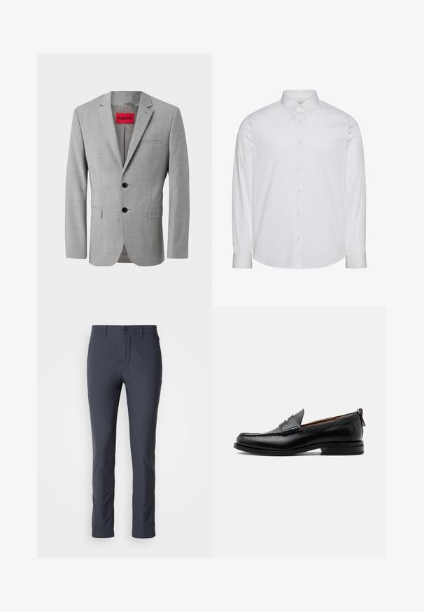Grijze blazer van textiel met structuur, voorzien van twee zwarte knopen, een enkele borstzak en een rode binnenlabel met "HUGO."; Witte, lange mouwen, katoenen overhemd met knopen. Voorzien van een standaardkraag, een voorste knopenlijst en een afgeronde zoom. Subtiel merklogo.; Marine stretch broek met een slim fit, gladde structuur, voorzakken en een knoopsluiting. Ontworpen voor comfort en bewegingsvrijheid.; Zwarte leren herensloffen met moc toe stiksel, pennyriem, gestructureerde kraag en lage gestapelde hak op witte achtergrond.