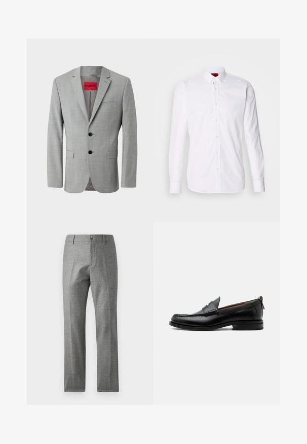 Grå blazer lavet af struktureret stof, med to sorte knapper, en enkelt brystlomme og en rød indvendig label med "HUGO."; Hvid skjorte med lange ærmer, knap-front og klassisk krave, fremstillet i en blød bomulds kvalitet.; Grå teksturerede bukser med lige ben-design, der har en frontknap og lynlås lukning. Diskret hørfiskebensmønster.; Sort læder herre loafer med moc-tå syning, penny strop, struktureret krave og lav stablet hæl på hvid baggrund.