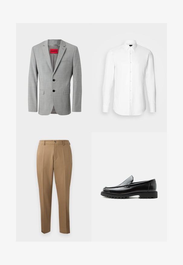 Blazer gris de tejido texturizado, con dos botones negros, un bolsillo en el pecho y una etiqueta interior roja con "HUGO".; Camisa blanca de manga larga, con cierre de botones en el frente, cuello clásico, confeccionada con una tela suave con una textura sutil, diseñada para un ajuste entallado.; Pantalones marrones a medida con corte recto, pinzas simples, trabillas para cinturón y cierre frontal con botón. Tela suave con una textura mate.; Mocasín de cuero negro con suela de goma gruesa, empeine cosido y nombre de la marca en relieve en el talón, mostrado en perfil lateral sobre fondo blanco.