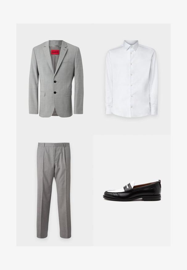 Blazer gris de tejido texturizado, con dos botones negros, un bolsillo en el pecho y una etiqueta interior roja con "HUGO".; Camisa blanca de manga larga hecha de tela suave, con un cuello clásico, tapeta de botones y puños con botones, presentada sobre un fondo liso.; Pantalones gris con rayas y un corte a medida, con pliegues delanteros, trabillas para cinturón y una textura suave. Diseño de pierna recta, con dobladillos limpios.; Mocasín de cuero blanco y negro con detalles cosidos, tacón bajo y diseño tipo slip-on, mostrado de lado sobre un fondo liso.