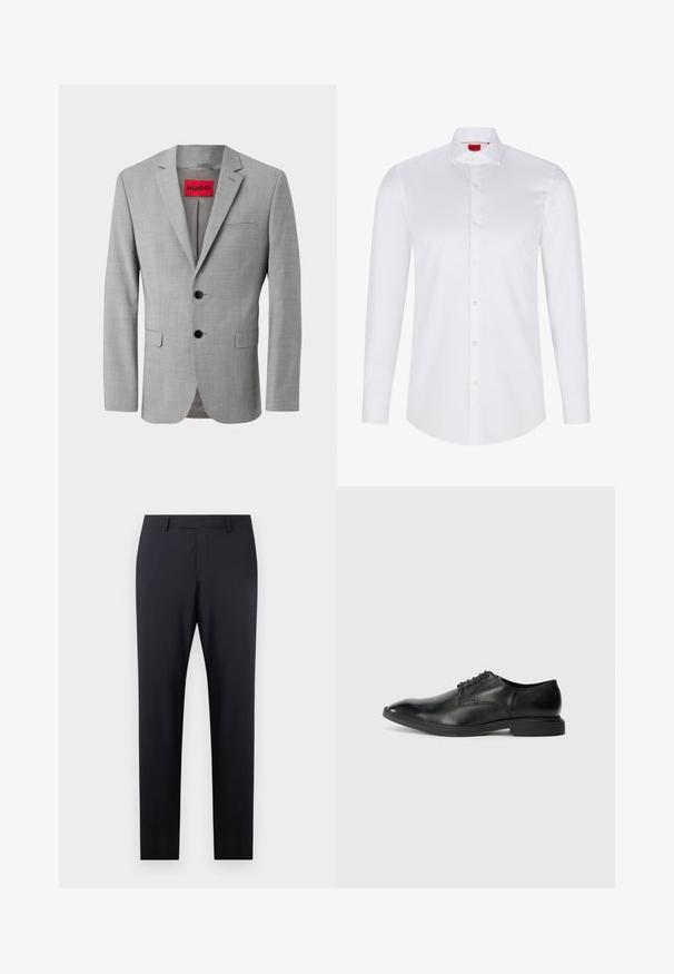 Grå blazer lavet af struktureret stof, med to sorte knapper, en enkelt brystlomme og en rød indvendig label med "HUGO."; Hvid langærmet skjorte med knaplukning lavet af glat bomuld. Har en klassisk krave, fuld knaplukning og afrundet nederkant.; Mørkeblå skræddersyede bukser med flad front, slim fit, sidelommer og en glat tekstur; ingen synlige mønstre eller dekorative elementer.; Sort læder herresko med glat overflade, spids tå, seks snørrehuller og lav, rektangulær hæl. Diskret brandingdetalje på siden.