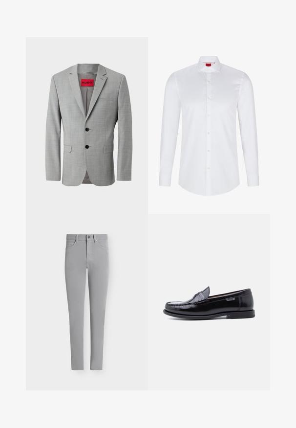 Blazer gris en tissu texturé, avec deux boutons noirs, une poche poitrine simple et une étiquette intérieure rouge avec "HUGO."; Chemise blanche à manches longues avec boutons en coton lisse. Présente un col classique, une patte de boutonnage pleine et un ourlet arrondi.; Pantalon gris clair slim fit avec fermeture boutons et zip à l'avant, passants de ceinture et design classique cinq poches.; Mocassins en cuir noir avec une finition brillante, présentant un motif cousu sur l'avant-pied et une semelle en caoutchouc noire texturée et basse.