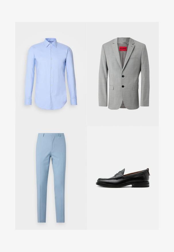 Blazer gris de tejido texturizado, con dos botones negros, un bolsillo en el pecho y una etiqueta interior roja con "HUGO".; Camisa de manga larga azul claro hecha de algodón, con un frente de botones, cuello y dobladillo redondeado. Textura suave sin patrones.; Pantalones azul claro a medida con un corte ajustado, textura suave, pliegue al frente, cintura ajustada y lazos para cinturón. Sin bolsillos visibles.; Mocasín de hombre de piel negra con costura moc toe, tira penny, cuello texturizado y tacón bajo apilado sobre fondo blanco.